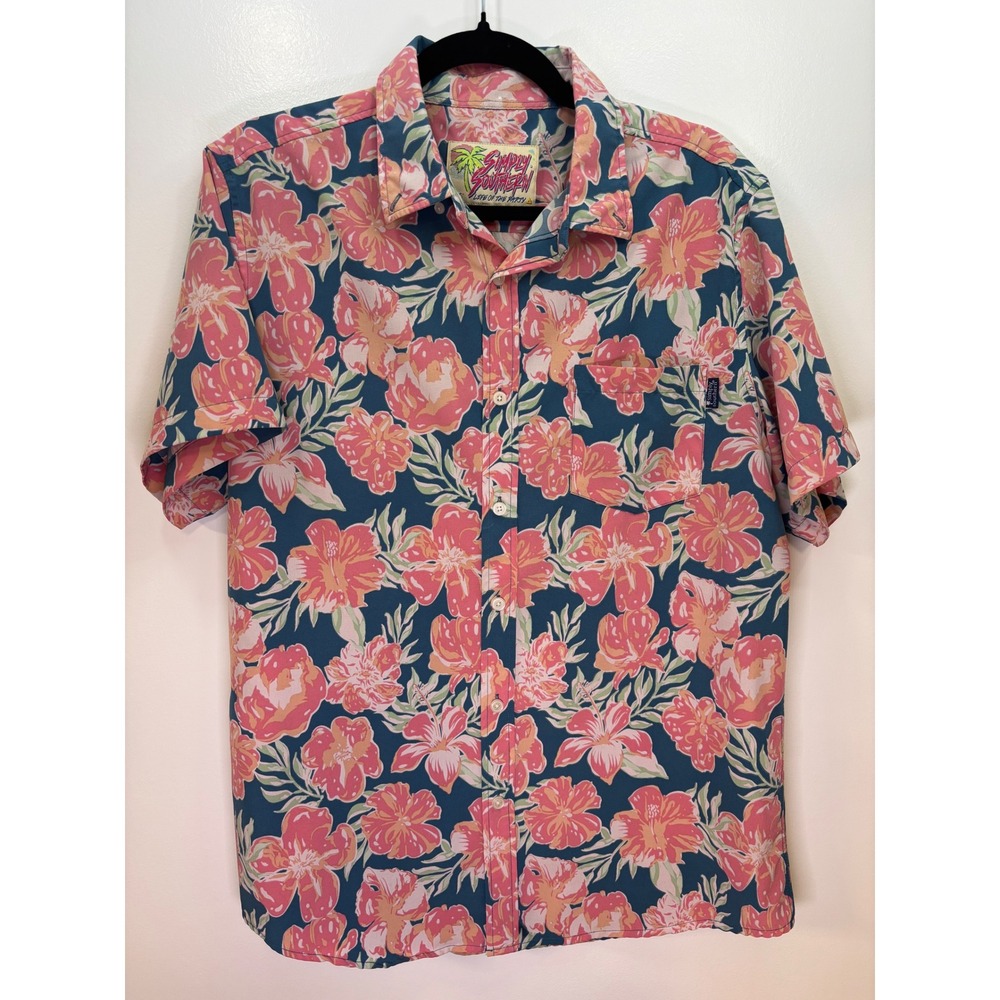 Simply Southern Mens M Teal Pink Floral Tropical Short Sleeve Button‎ Up Shirt